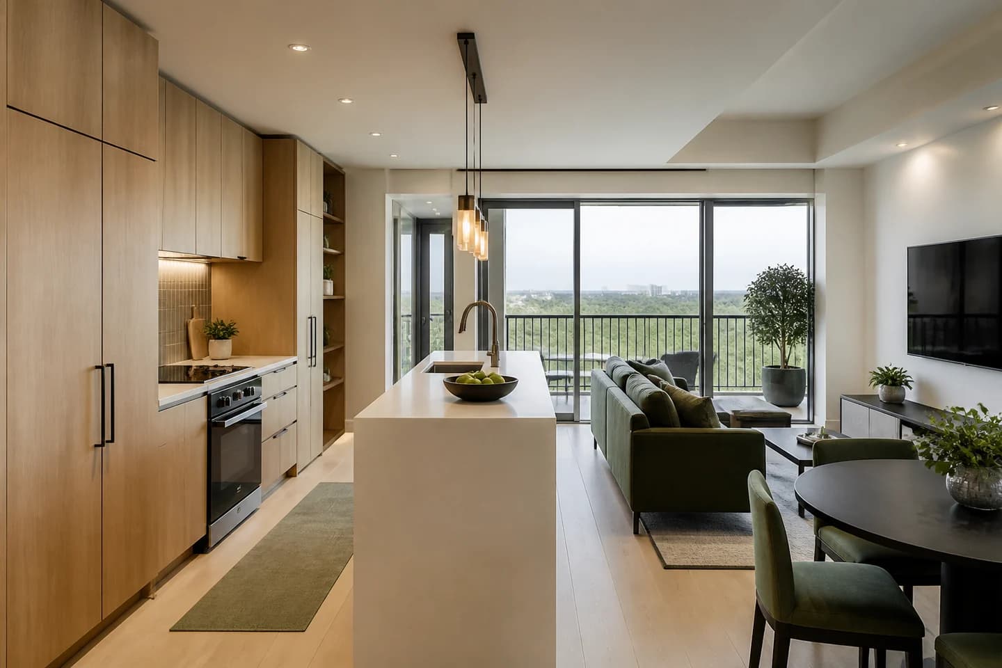Space-efficient Orlando condo remodel with oak storage and an open kitchen