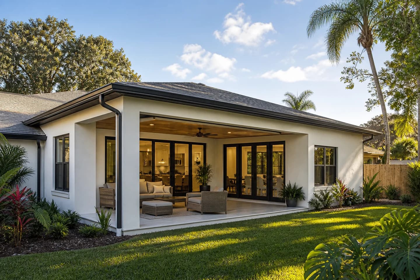 Completed Orlando rear home addition with a shaded lanai transition